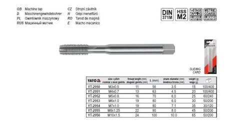 YATO GWINTOWNIK MASZYNOWY M6, DIN 371 HSS M2 2953