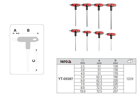 YATO KLUCZE IMBUSOWE/HEX Z RĘKOJEŚCIĄ KOMPLET 8 elem. 2,5/3/4/5/6/7/8/10mm KULA